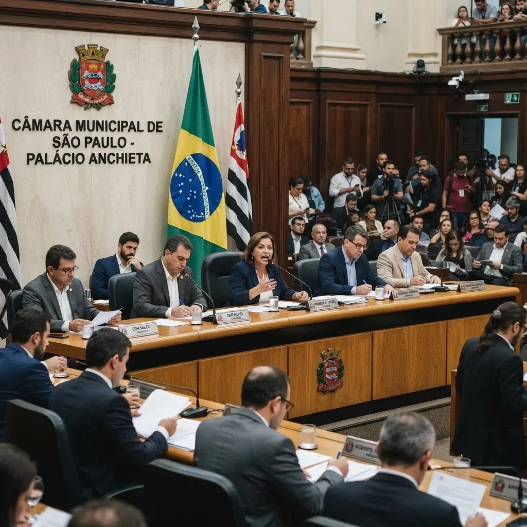 Plenário legislativo com bandeiras do Brasil e da Bahia ao fundo